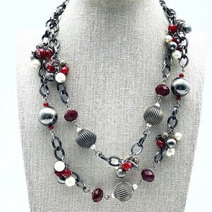 Signed PREMIER DESIGNS Necklace Double Strand Silver Tone Red Gray Faux Pearl